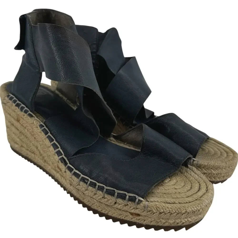 Eileen Fisher Willow Espadrille Sandals Wedge Strappy Tumbled Leather Black 7